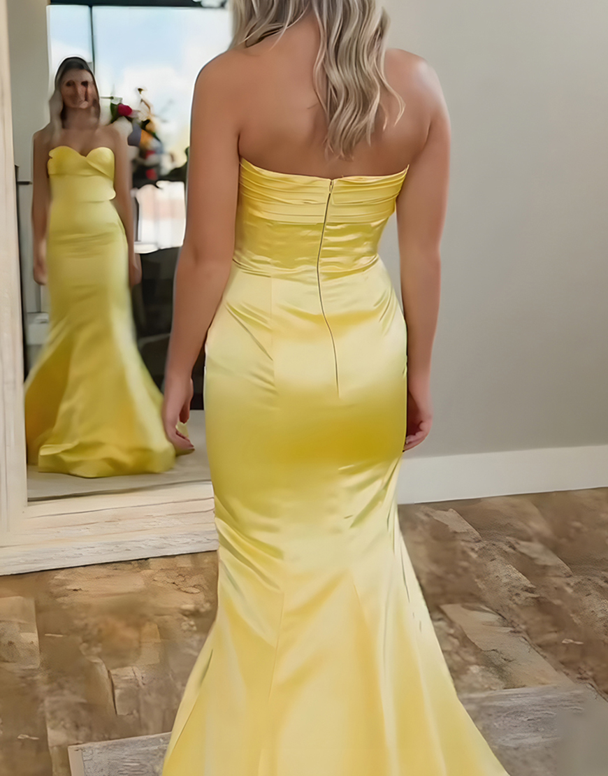 Yellow Mermaid Sweetheart Satin Long Prom Dress