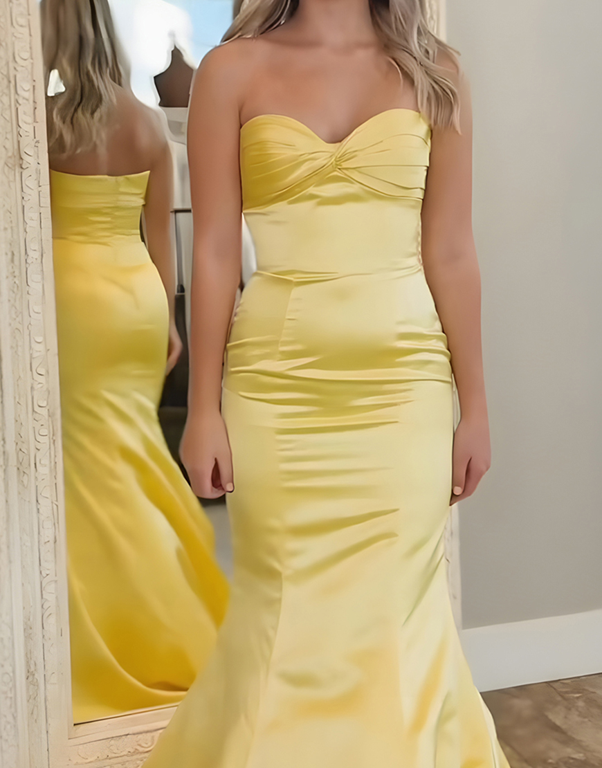 Yellow Mermaid Sweetheart Satin Long Prom Dress