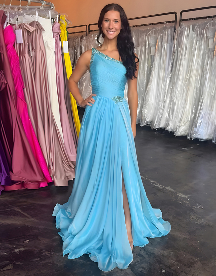 Blue A Line One Shoulder Long Prom Dress with Slit
