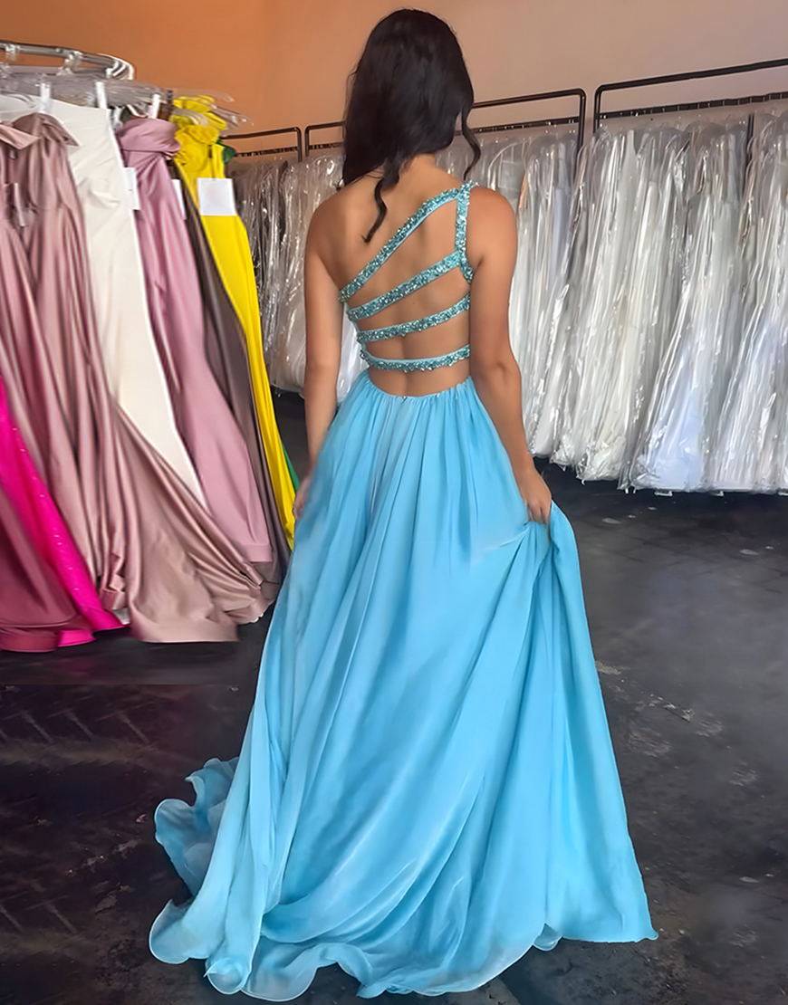 Blue A Line One Shoulder Long Prom Dress with Slit