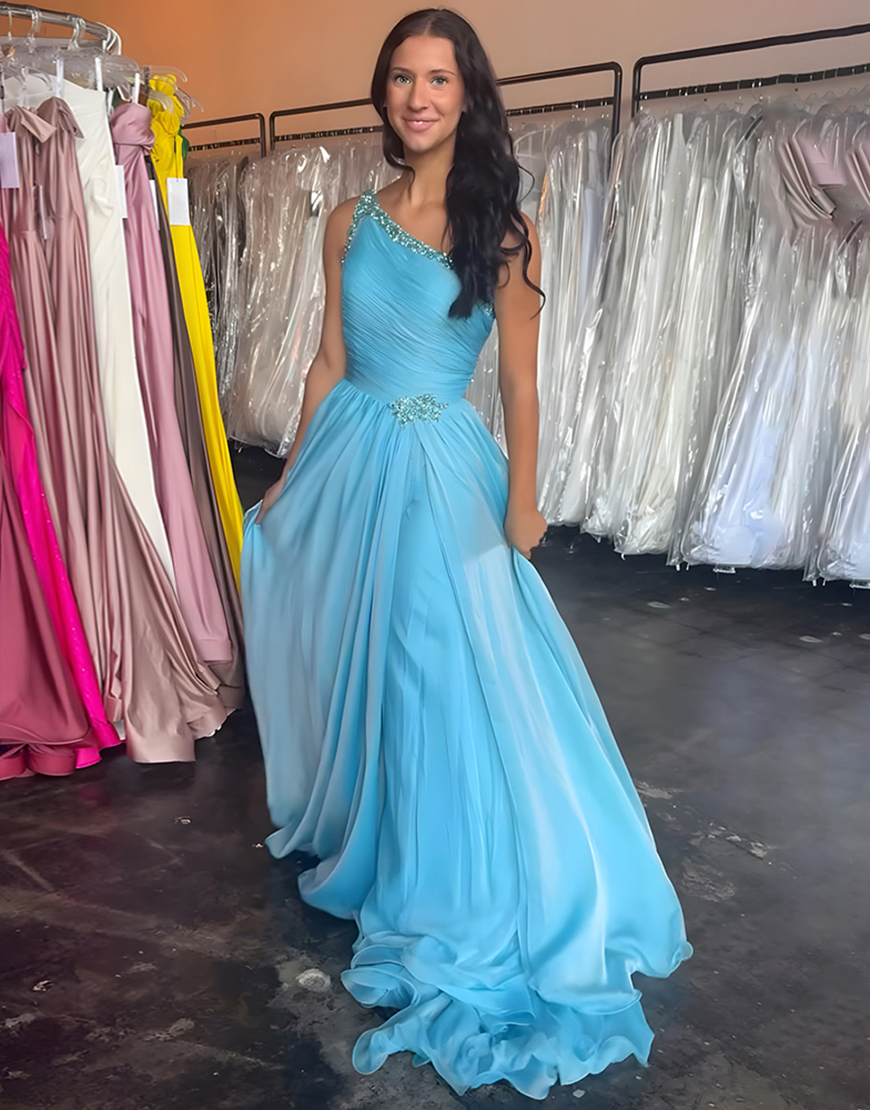 Blue A Line One Shoulder Long Prom Dress with Slit