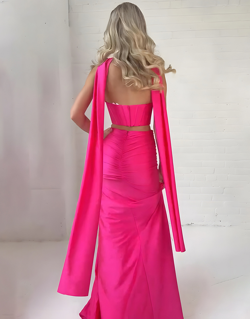 Fuchsia Mermaid 2 Piece Neck Scarf Long Corset Prom Dress with Slit