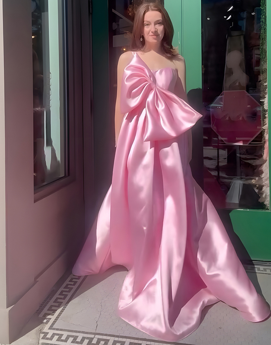 Pink A Line Satin One Shoulder Long Prom Dress with Bow