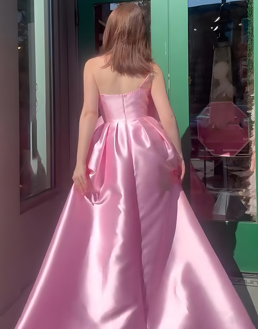 Pink A Line Satin One Shoulder Long Prom Dress with Bow