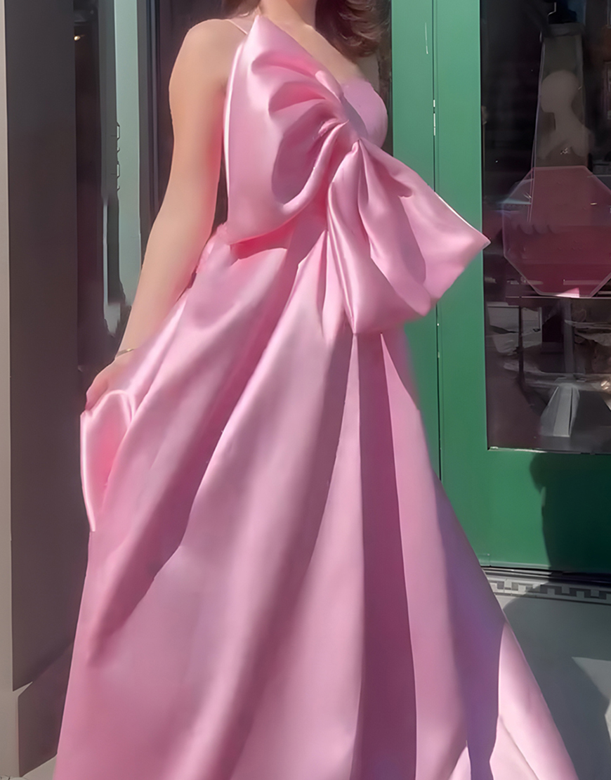 Pink A Line Satin One Shoulder Long Prom Dress with Bow