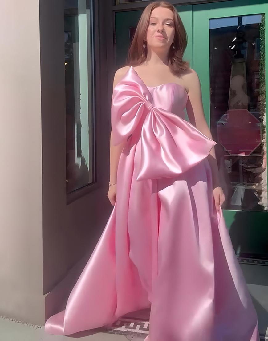 Pink A Line Satin One Shoulder Long Prom Dress with Bow