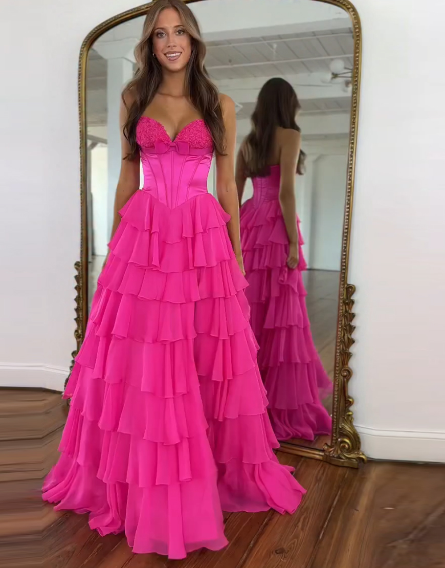 Fuchsia A Line Strapless Tiered Long Corset Prom Dress with Slit