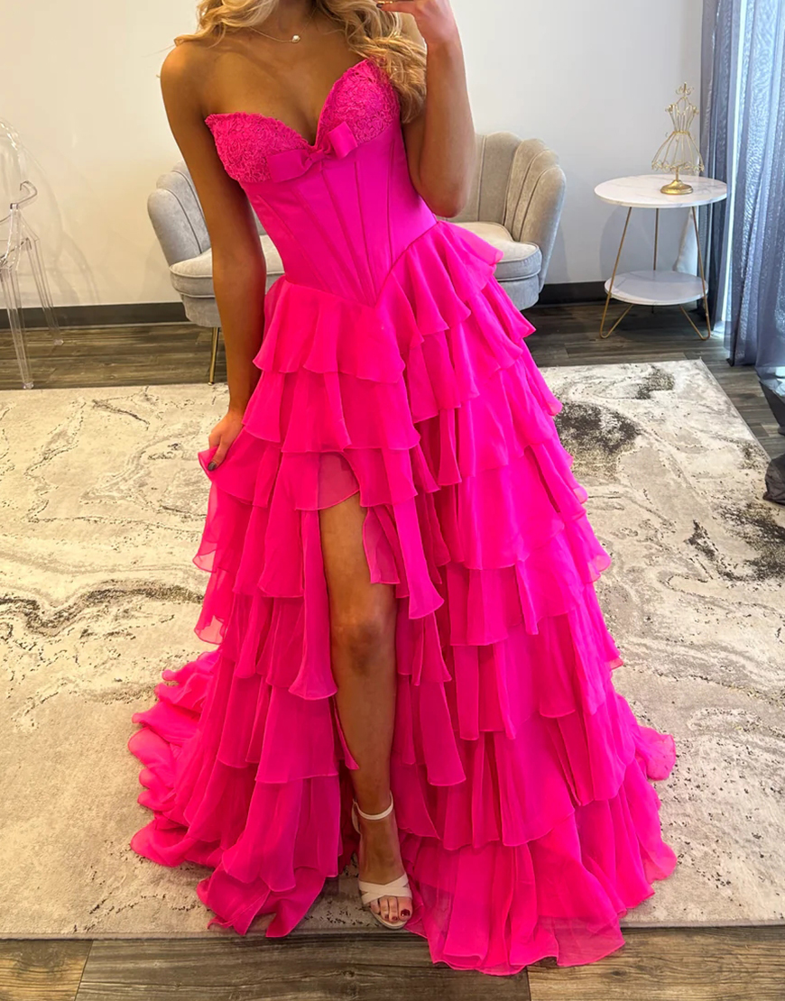 Fuchsia A Line Strapless Tiered Long Corset Prom Dress with Slit