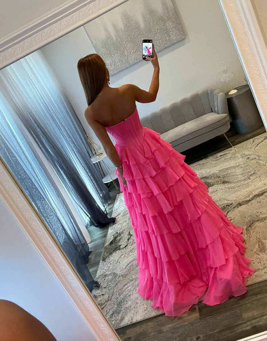 Fuchsia A Line Strapless Tiered Long Corset Prom Dress with Slit