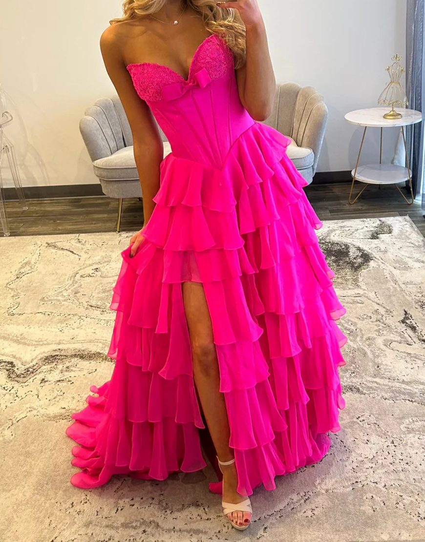 Fuchsia A Line Strapless Tiered Long Corset Prom Dress with Slit