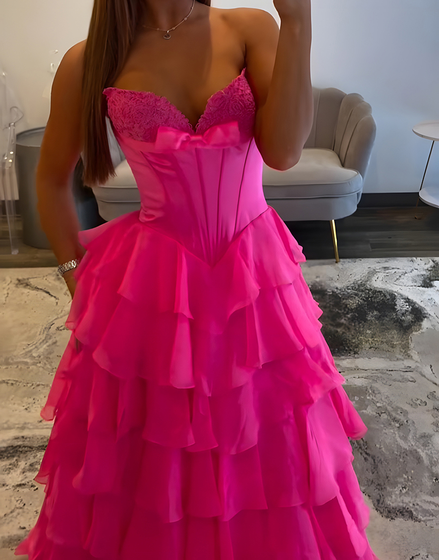 Fuchsia A Line Strapless Tiered Long Corset Prom Dress with Slit