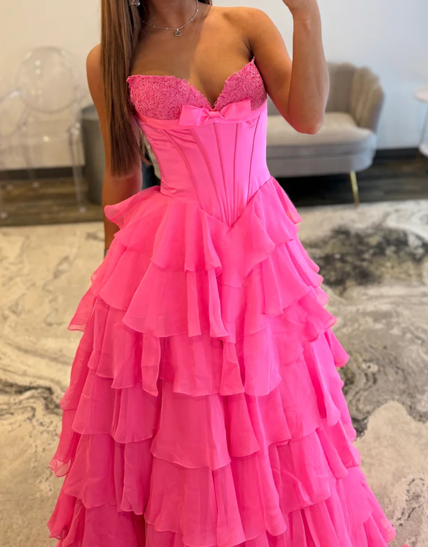Fuchsia A Line Strapless Tiered Long Corset Prom Dress with Slit