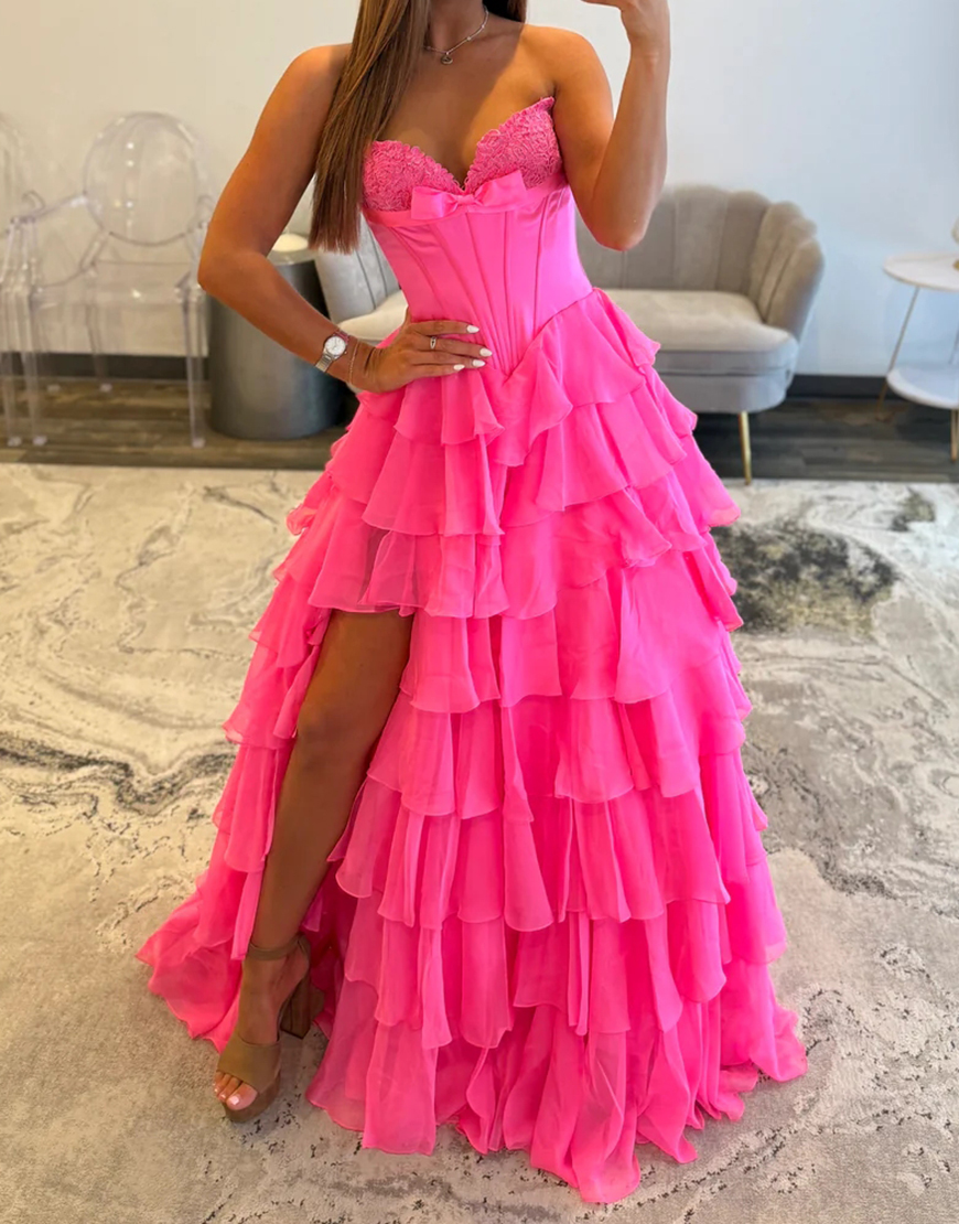 Fuchsia A Line Strapless Tiered Long Corset Prom Dress with Slit
