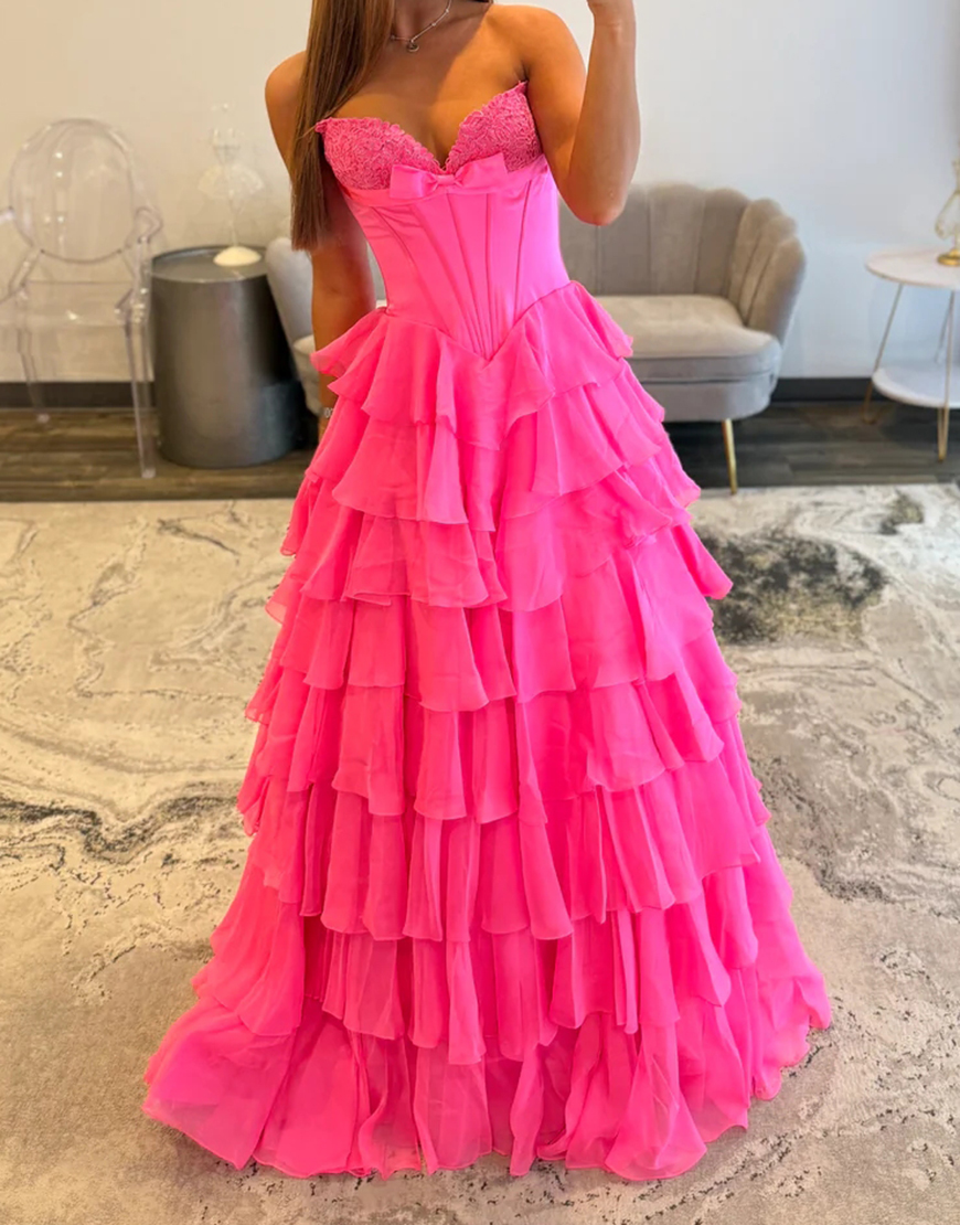 Fuchsia A Line Strapless Tiered Long Corset Prom Dress with Slit