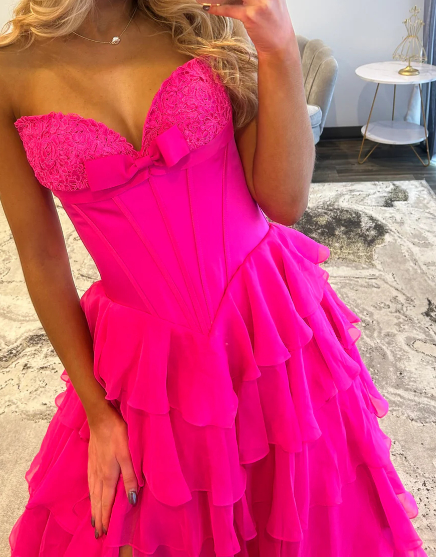 Fuchsia A Line Strapless Tiered Long Corset Prom Dress with Slit