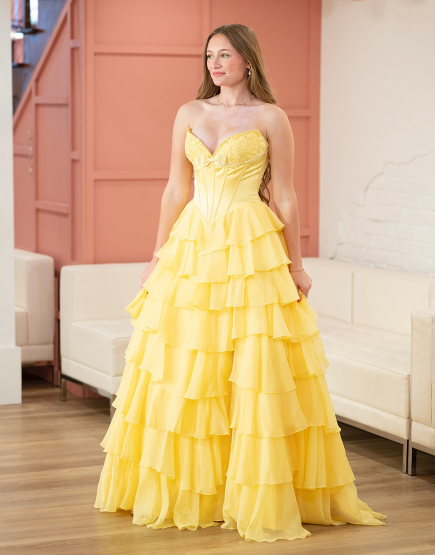 Fuchsia A Line Strapless Tiered Long Corset Prom Dress with Slit