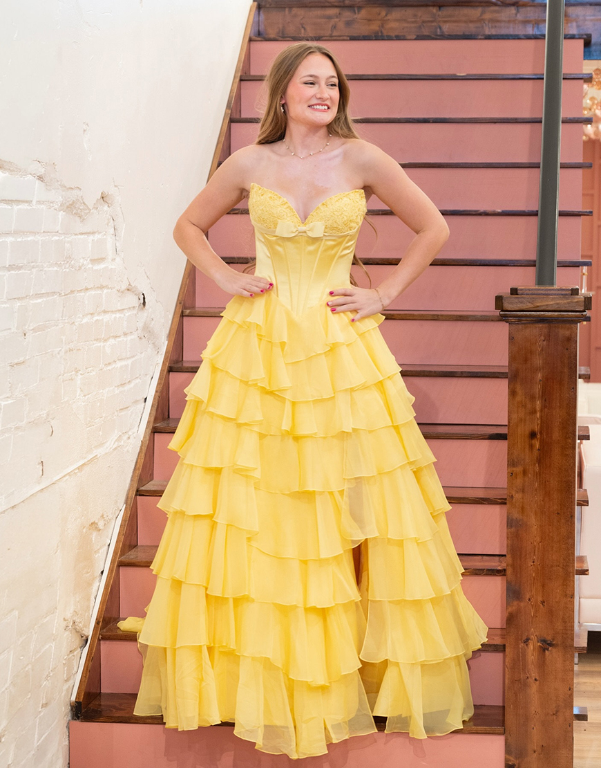 Fuchsia A Line Strapless Tiered Long Corset Prom Dress with Slit