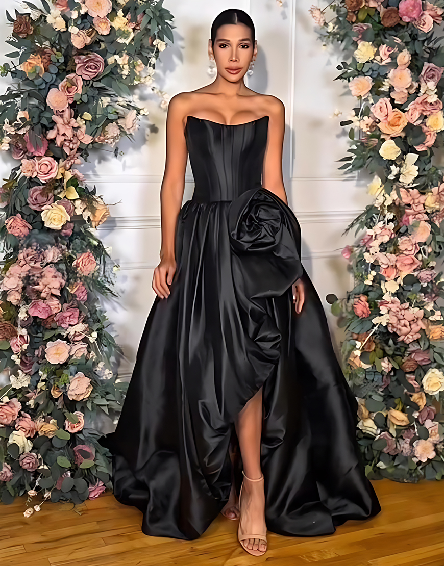 Blush A Line Strapless Long Satin Corset Prom Dress with 3D Flower