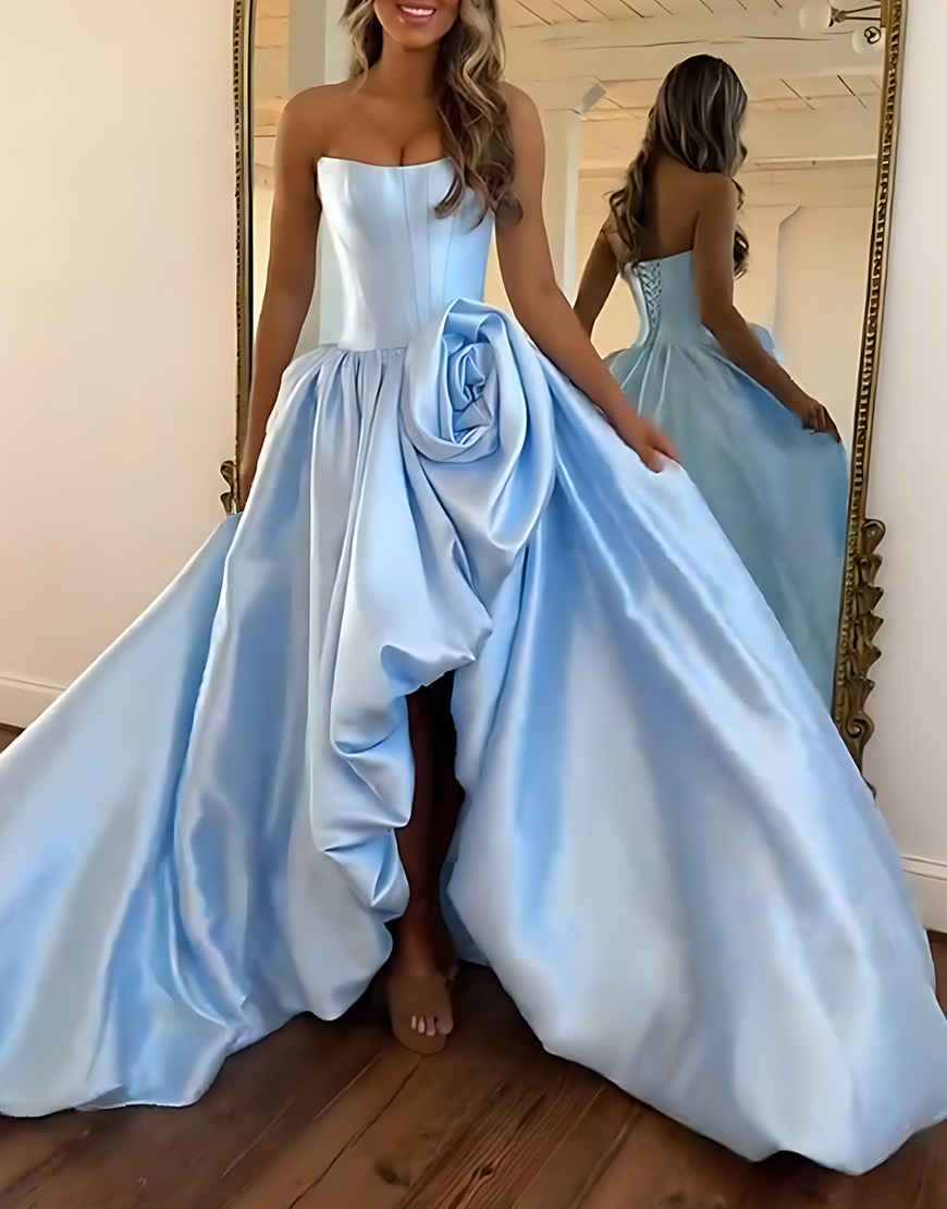 Blush A Line Strapless Long Satin Corset Prom Dress with 3D Flower