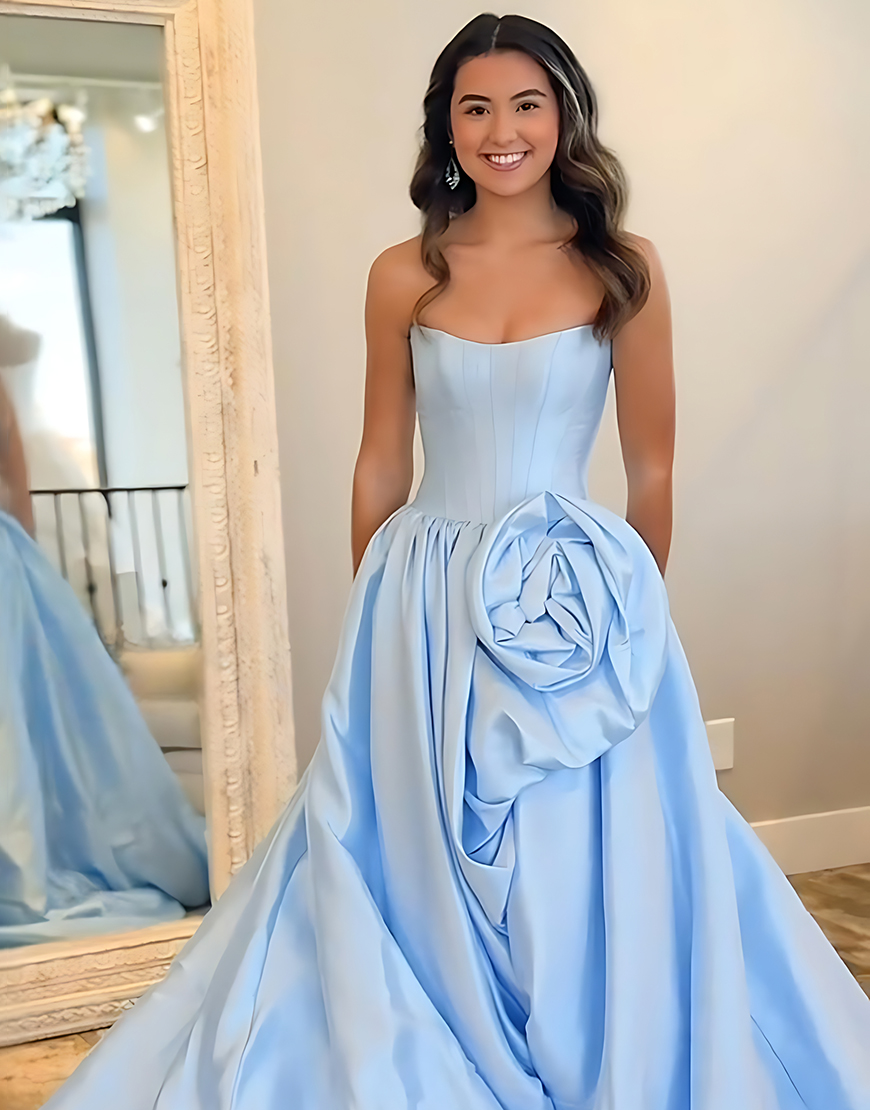 Blush A Line Strapless Long Satin Corset Prom Dress with 3D Flower