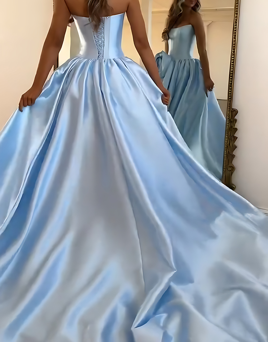 Blush A Line Strapless Long Satin Corset Prom Dress with 3D Flower