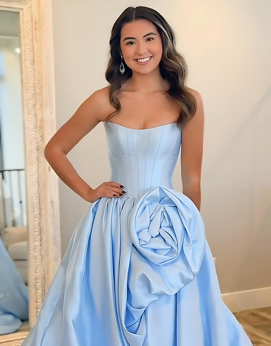 Blush A Line Strapless Long Satin Corset Prom Dress with 3D Flower