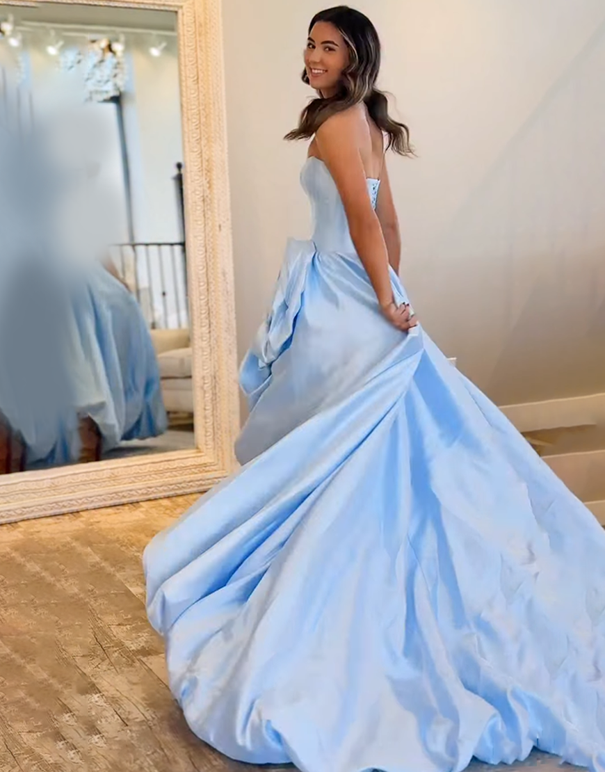 Blush A Line Strapless Long Satin Corset Prom Dress with 3D Flower