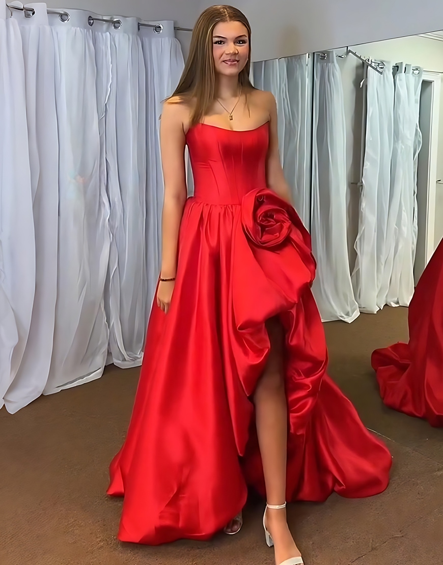 Blush A Line Strapless Long Satin Corset Prom Dress with 3D Flower