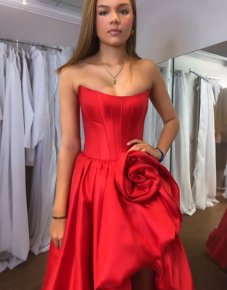 Blush A Line Strapless Long Satin Corset Prom Dress with 3D Flower