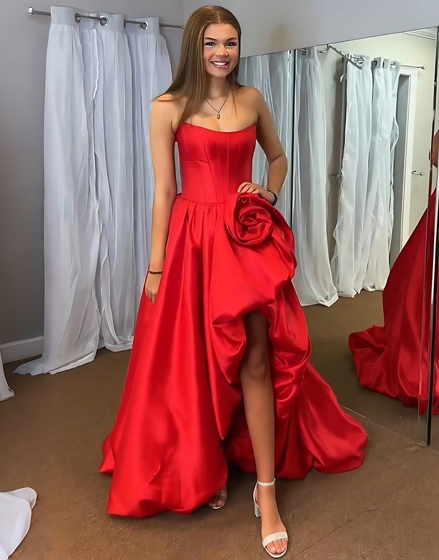 Blush A Line Strapless Long Satin Corset Prom Dress with 3D Flower