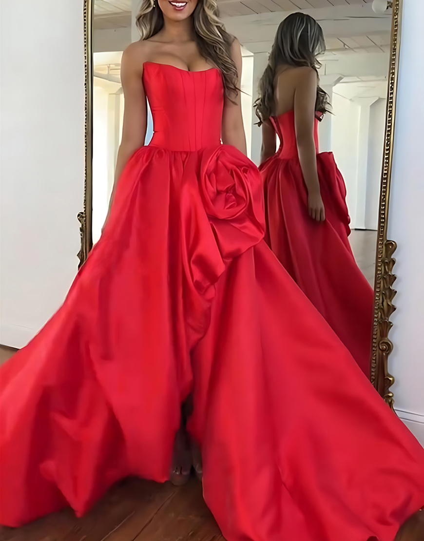 Blush A Line Strapless Long Satin Corset Prom Dress with 3D Flower