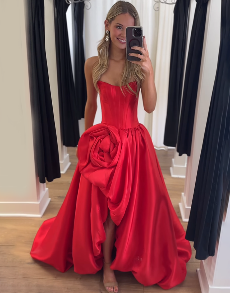 Blush A Line Strapless Long Satin Corset Prom Dress with 3D Flower