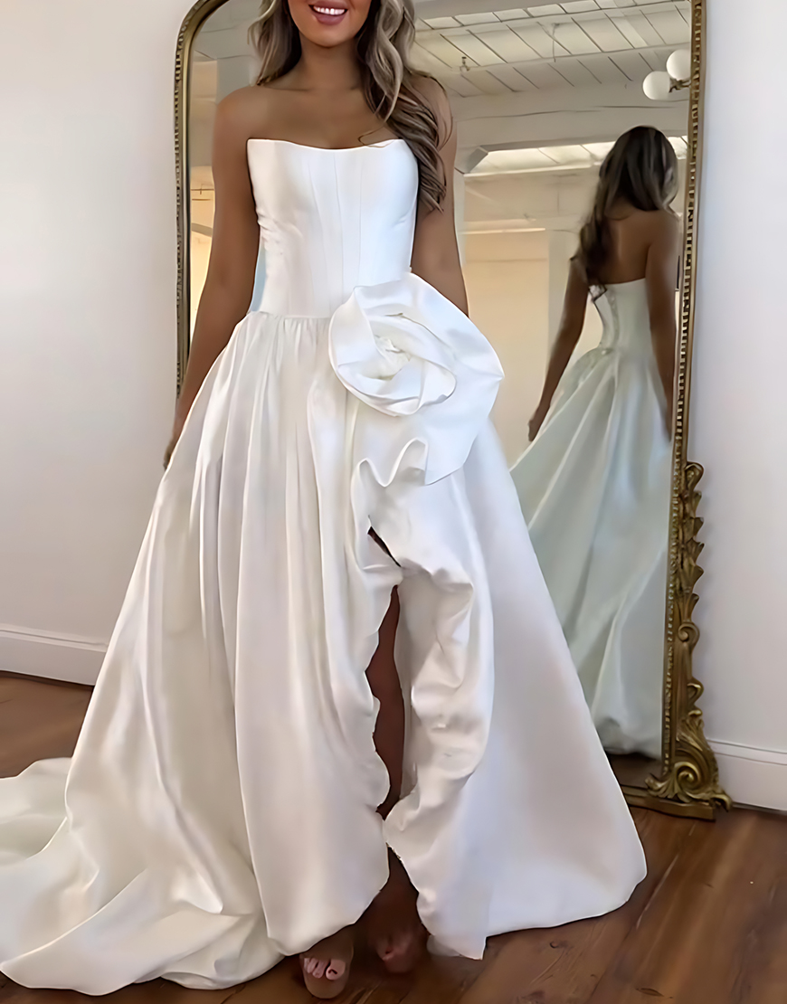 Blush A Line Strapless Long Satin Corset Prom Dress with 3D Flower