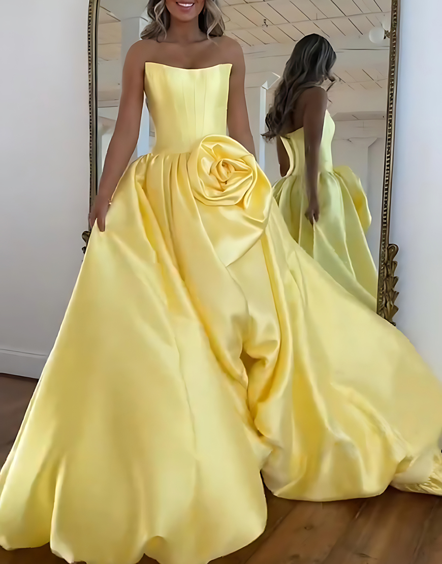 Blush A Line Strapless Long Satin Corset Prom Dress with 3D Flower