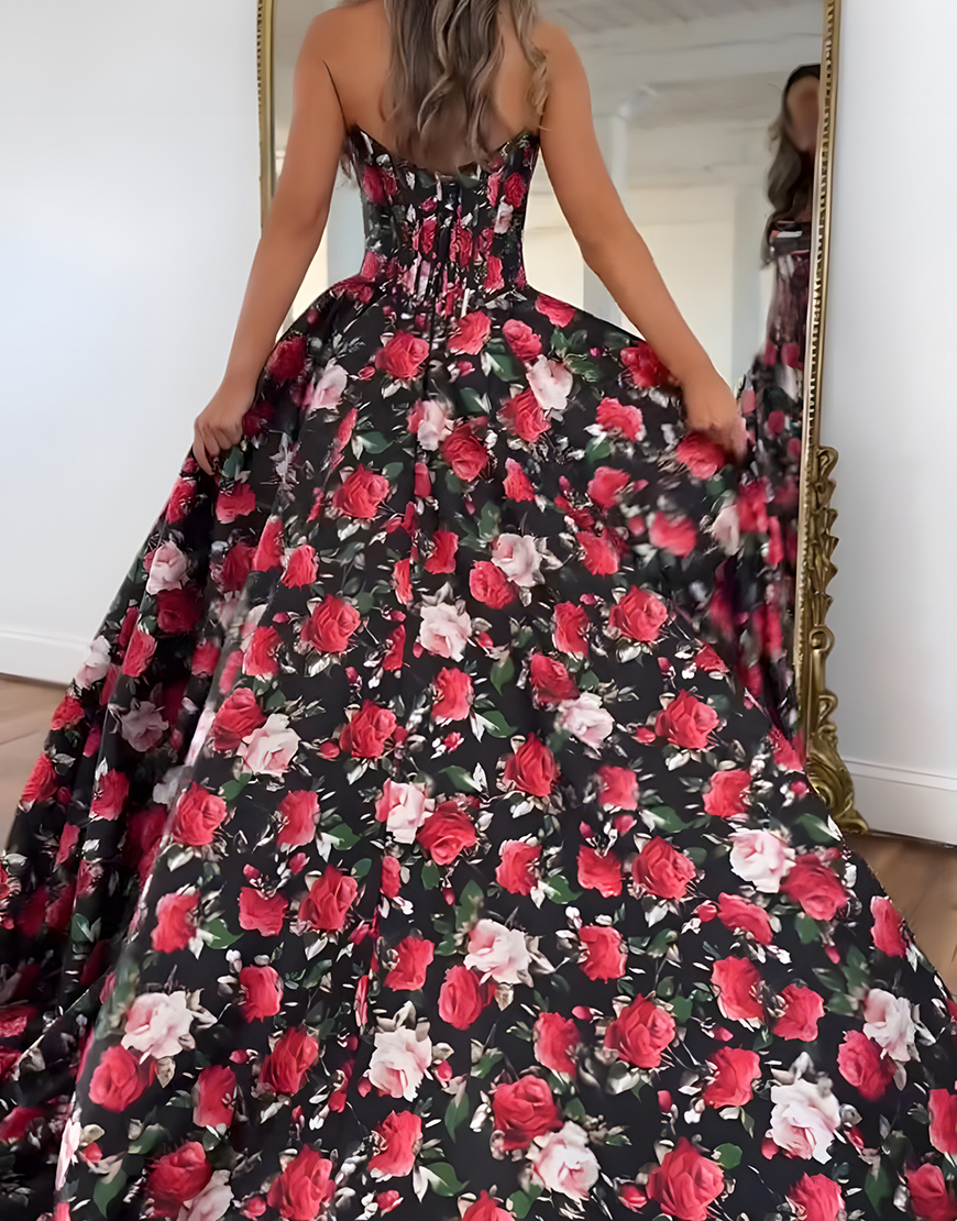 Black and Red Floral A Line Corset Strapless Long Satin Prom Dress with Slit