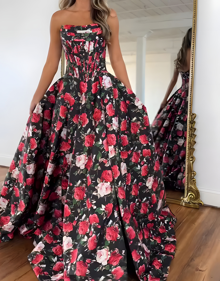 Black and Red Floral A Line Corset Strapless Long Satin Prom Dress with Slit