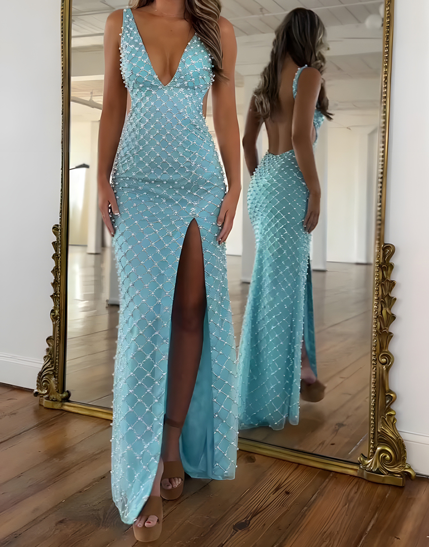 Sheath Blue V-Neck Pearls Long Prom Dress with Slit