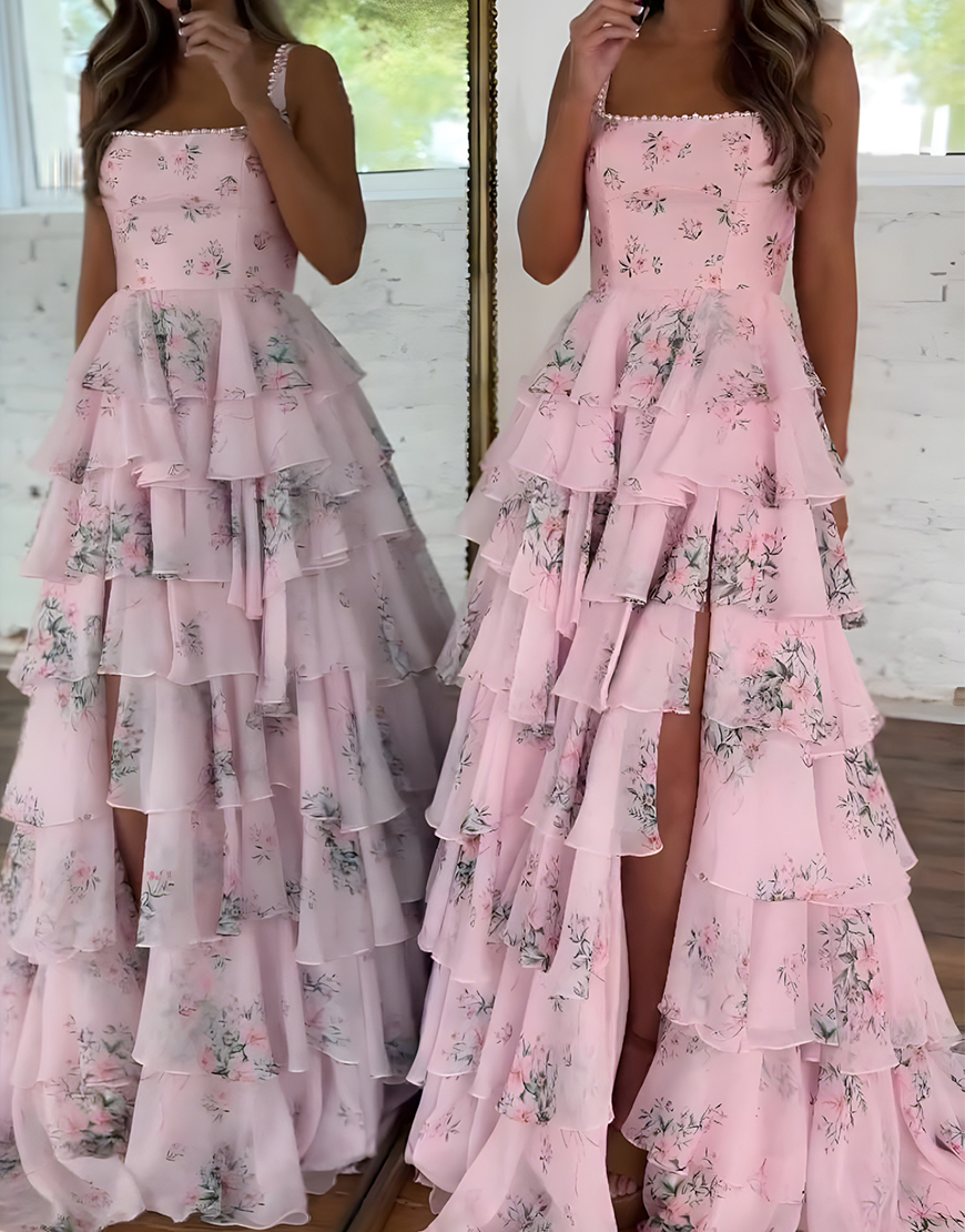 Floral Pink A Line Spaghetti Straps Tiered Long Prom Dress with Slit