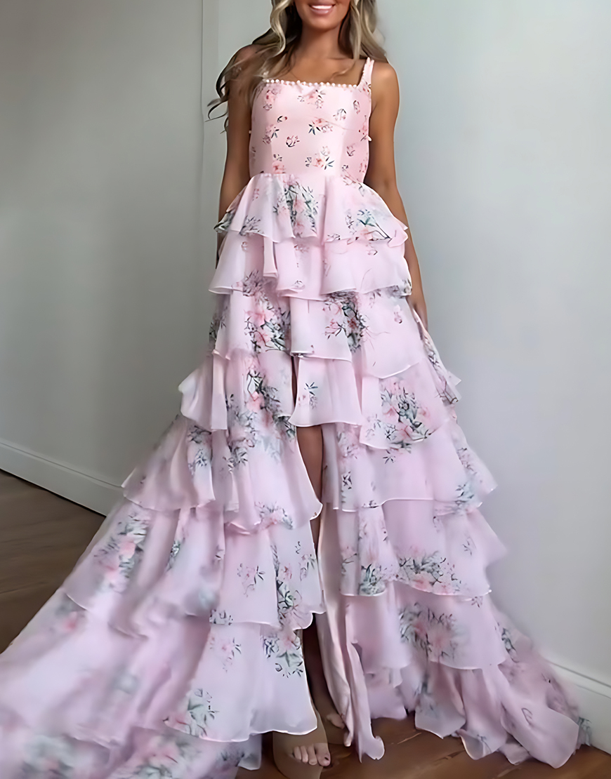 Floral Pink A Line Spaghetti Straps Tiered Long Prom Dress with Slit