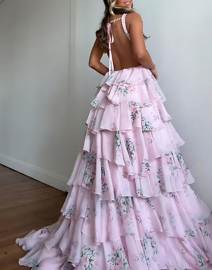 Floral Pink A Line Spaghetti Straps Tiered Long Prom Dress with Slit