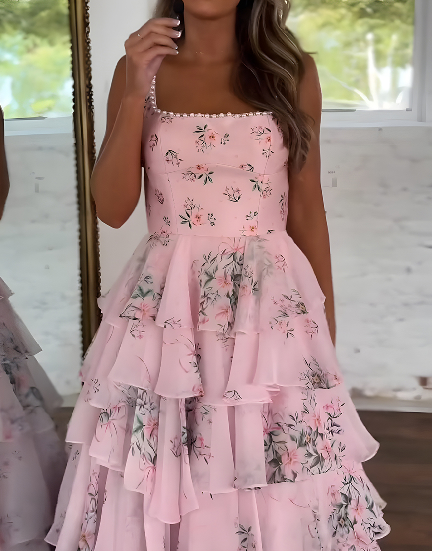 Floral Pink A Line Spaghetti Straps Tiered Long Prom Dress with Slit