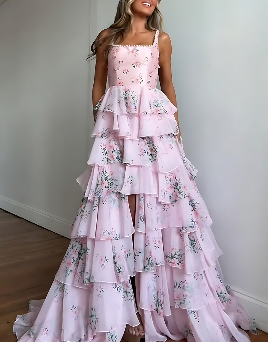 Floral Pink A Line Spaghetti Straps Tiered Long Prom Dress with Slit