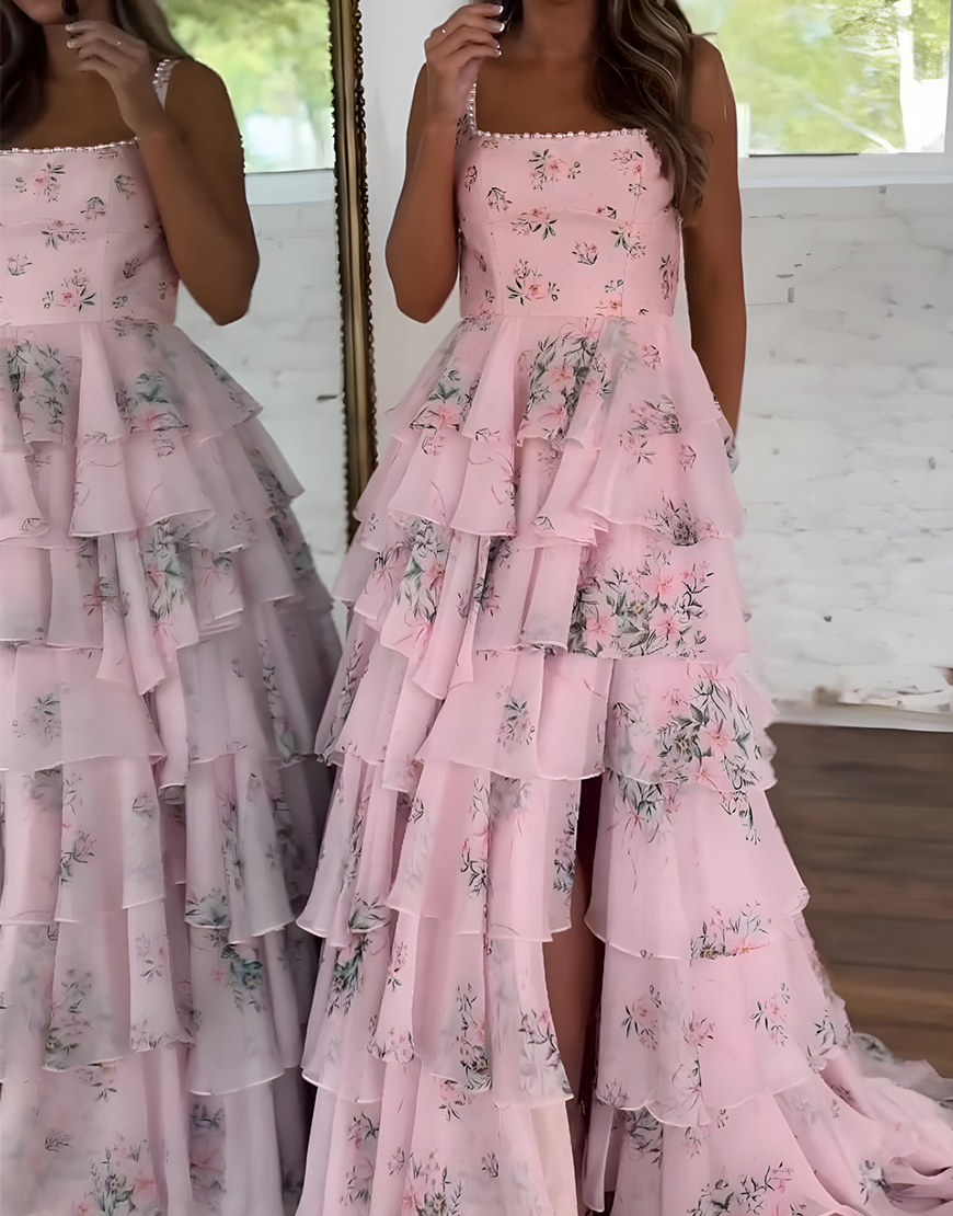 Floral Pink A Line Spaghetti Straps Tiered Long Prom Dress with Slit