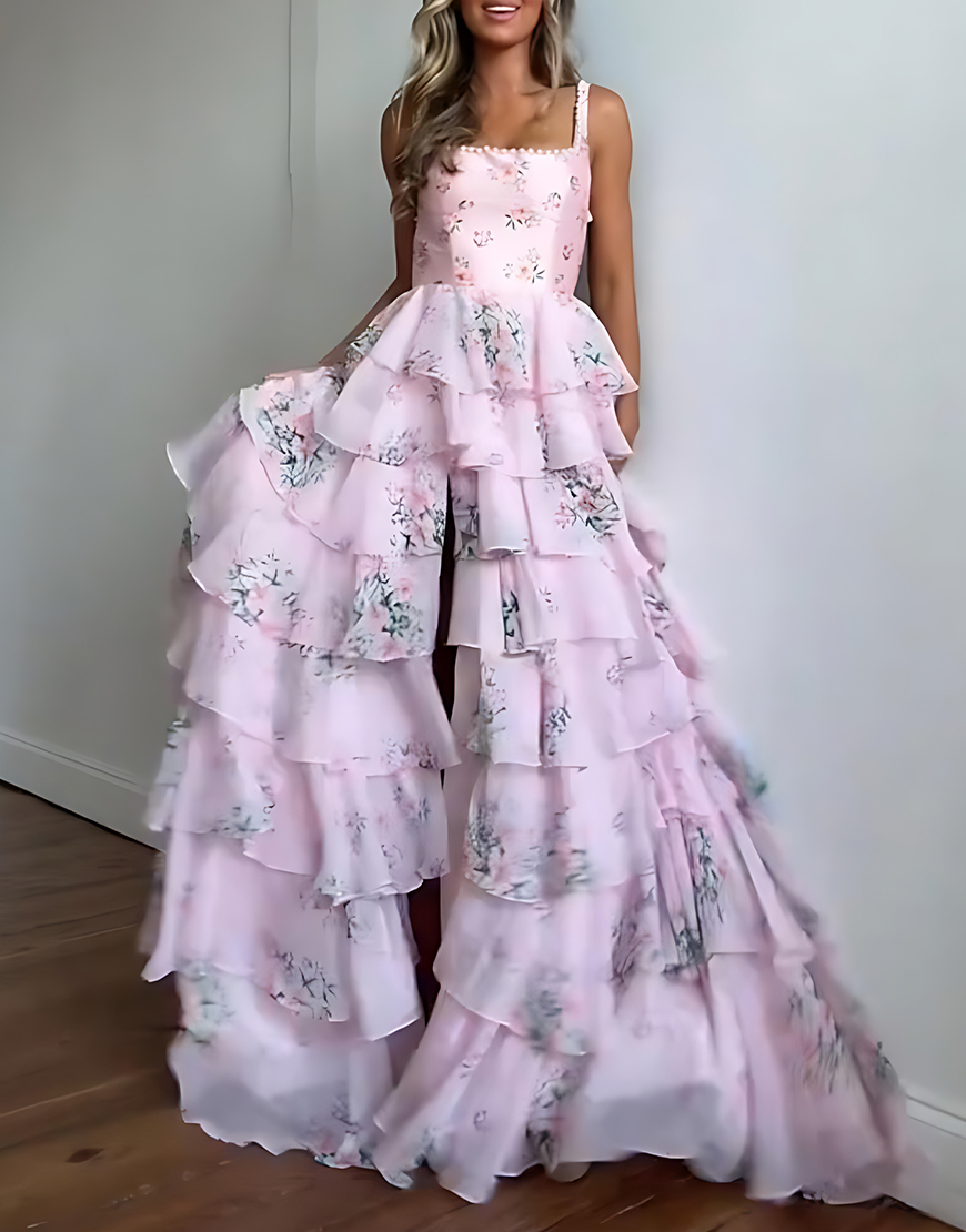 Floral Pink A Line Spaghetti Straps Tiered Long Prom Dress with Slit