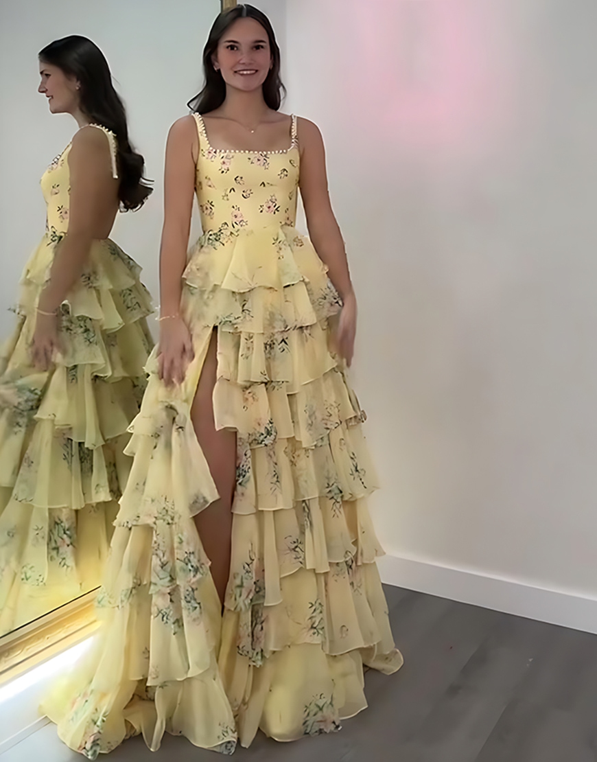 Floral Pink A Line Spaghetti Straps Tiered Long Prom Dress with Slit