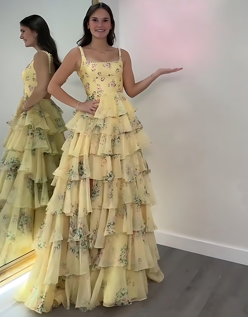 Floral Pink A Line Spaghetti Straps Tiered Long Prom Dress with Slit