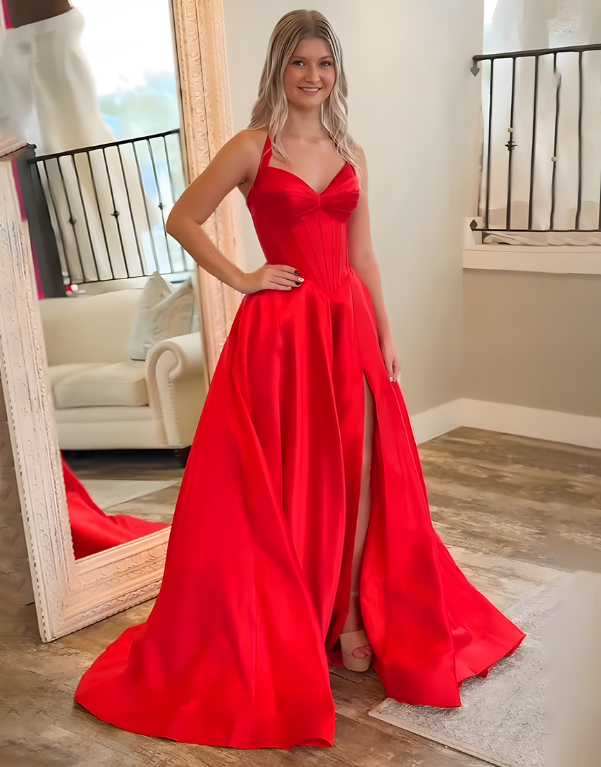 Red Satin A Line Halter Corset Long Prom Dress with Slit