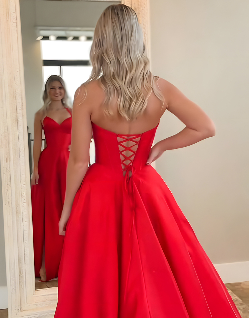 Red Satin A Line Halter Corset Long Prom Dress with Slit