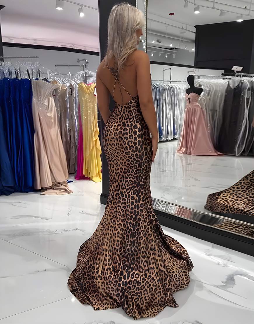 Mermaid Brown Leopard Cowl Neck Long Prom Dress
