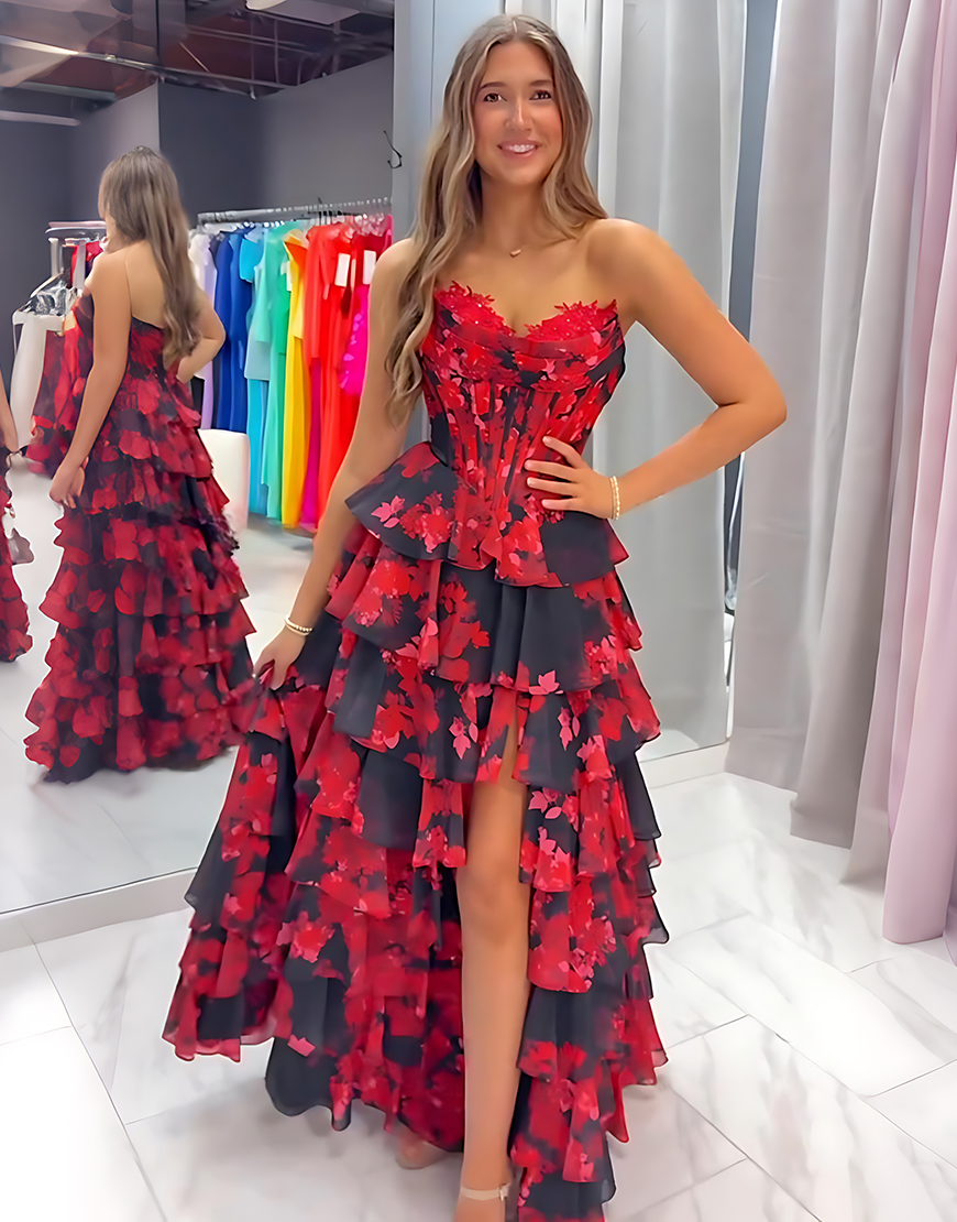 Floral Black Red A Line Strapless Tiered Corset Long Prom Dress with Slit